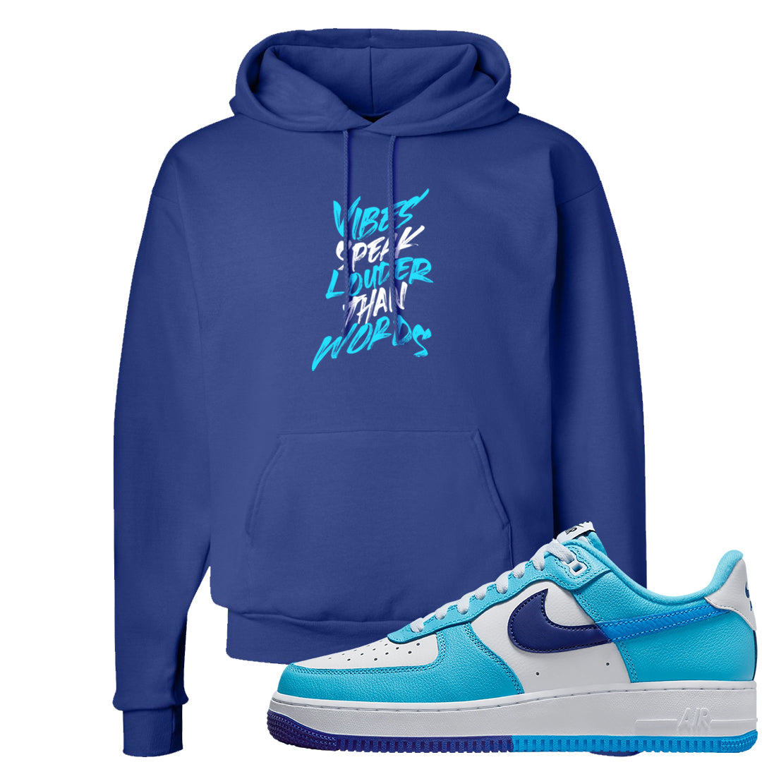 Split Light Photo Blue Low 1s Hoodie | Vibes Speak Louder Than Words, Deep Royal