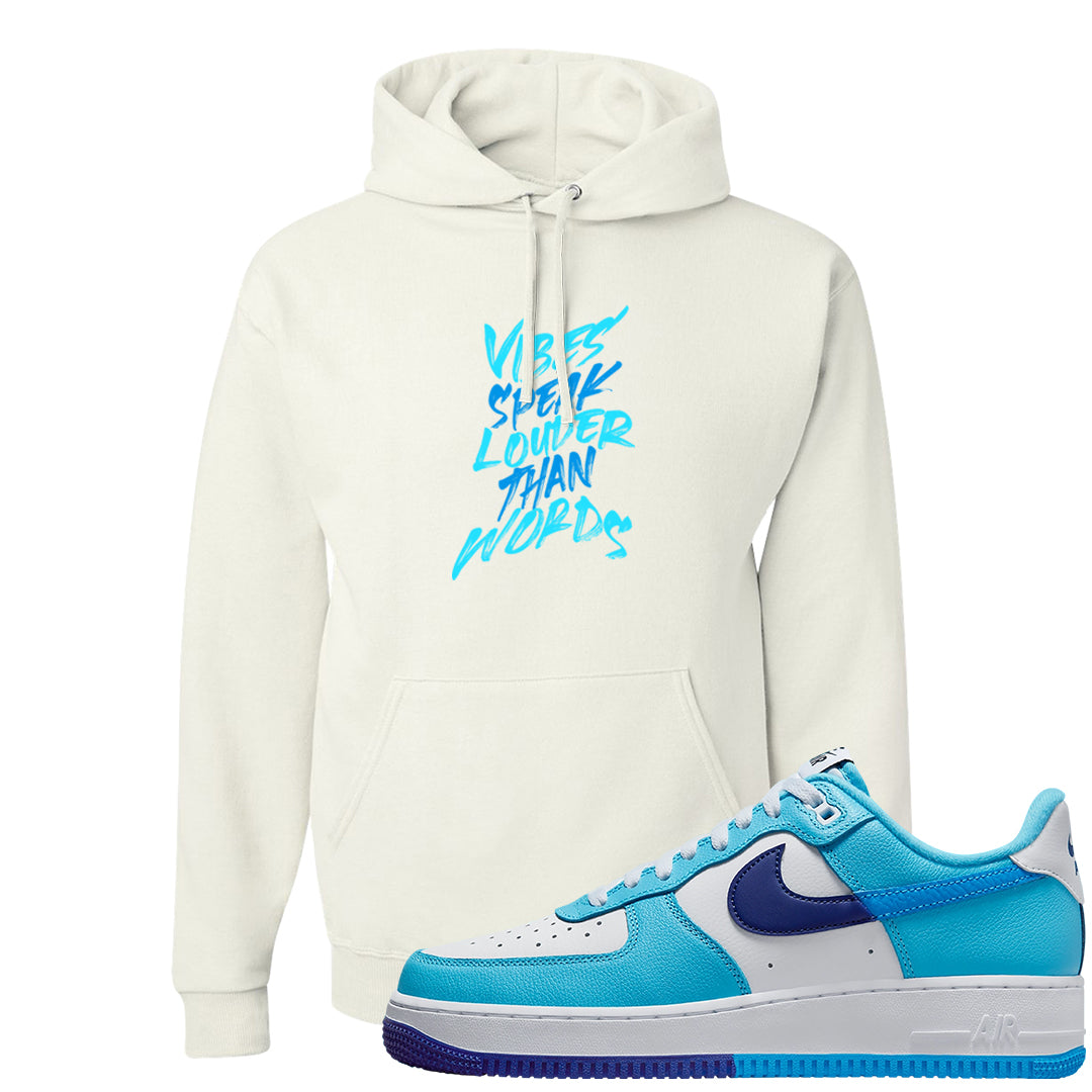 Split Light Photo Blue Low 1s Hoodie | Vibes Speak Louder Than Words, White