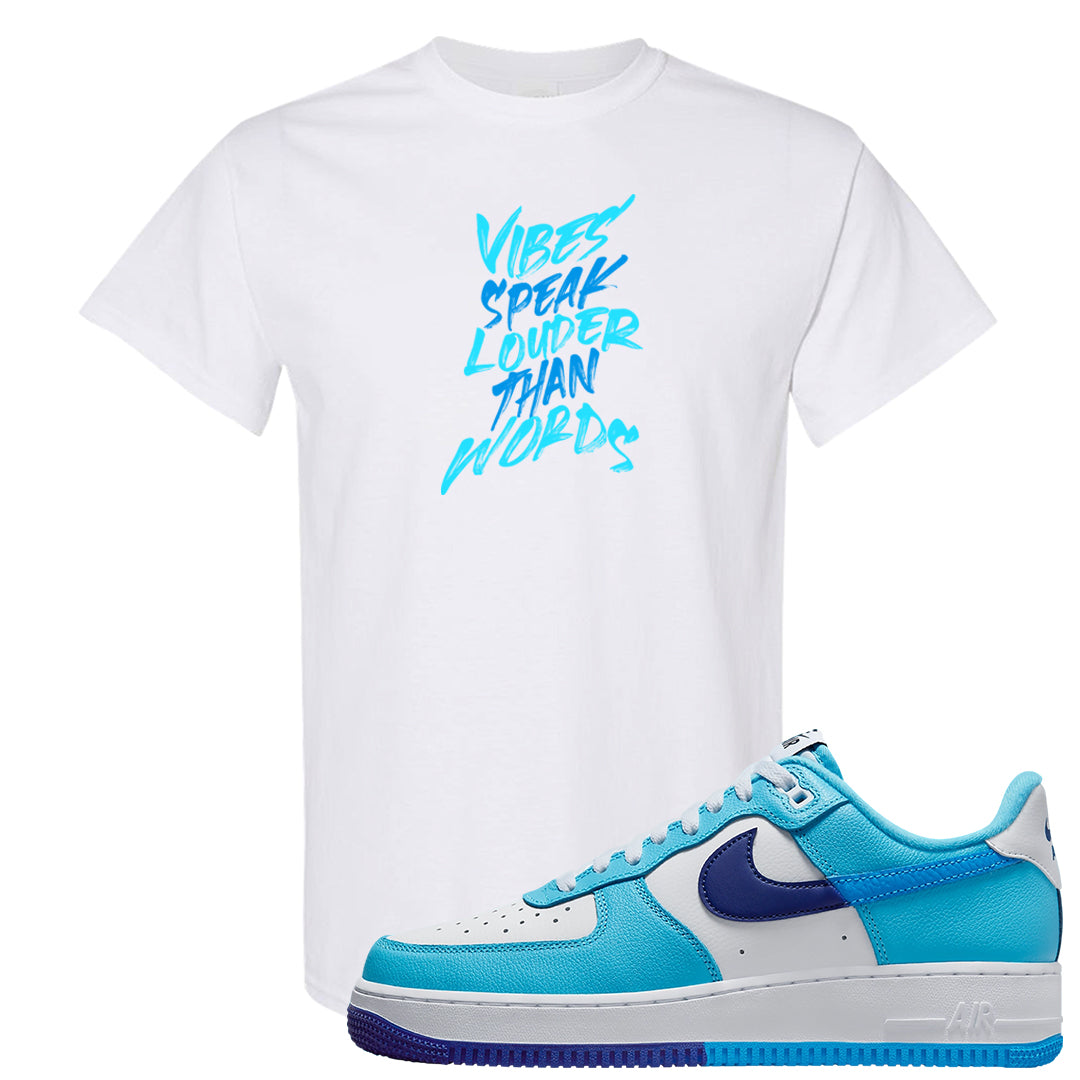 Split Light Photo Blue Low 1s T Shirt | Vibes Speak Louder Than Words, White