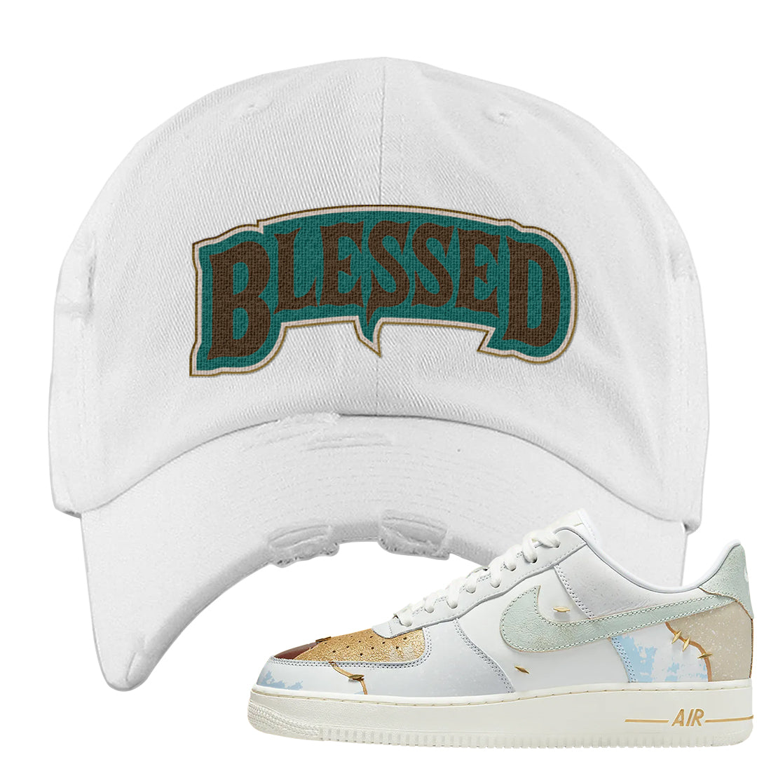 Patchwork AF 1s Distressed Dad Hat | Blessed Arch, White