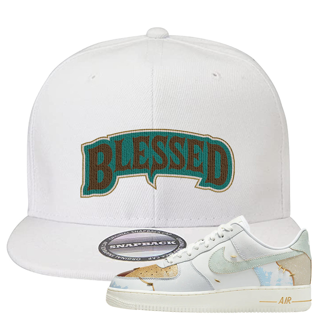 Patchwork AF 1s Snapback Hat | Blessed Arch, White