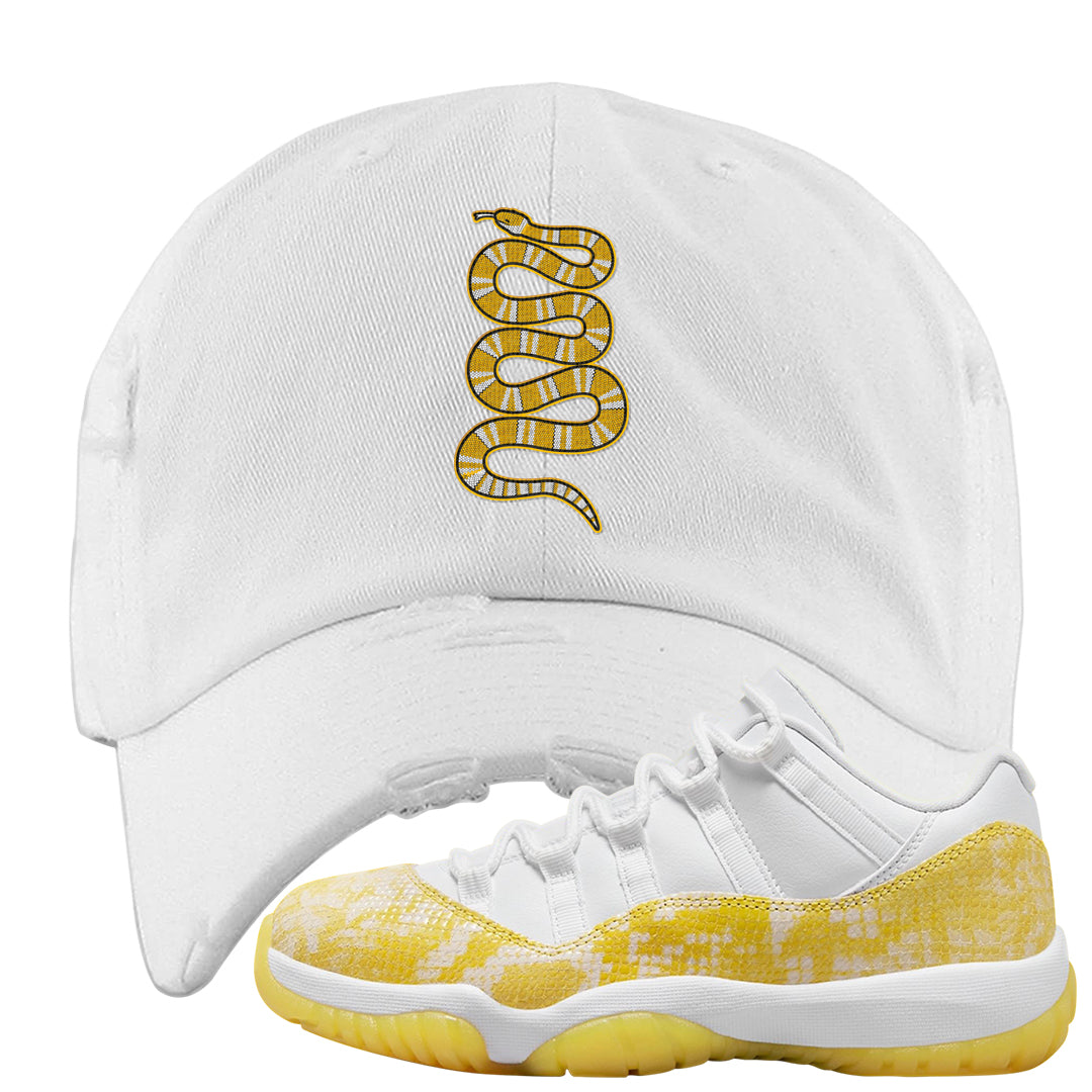 Yellow Snakeskin Low 11s Distressed Dad Hat | Coiled Snake, White