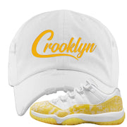 Yellow Snakeskin Low 11s Distressed Dad Hat | Crooklyn, White