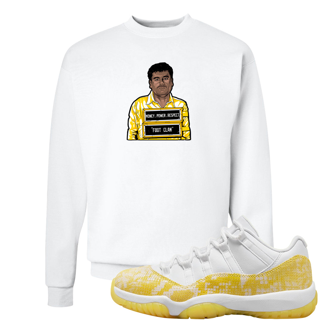 Yellow Snakeskin Low 11s Crewneck Sweatshirt | El Chapo Illustration, White