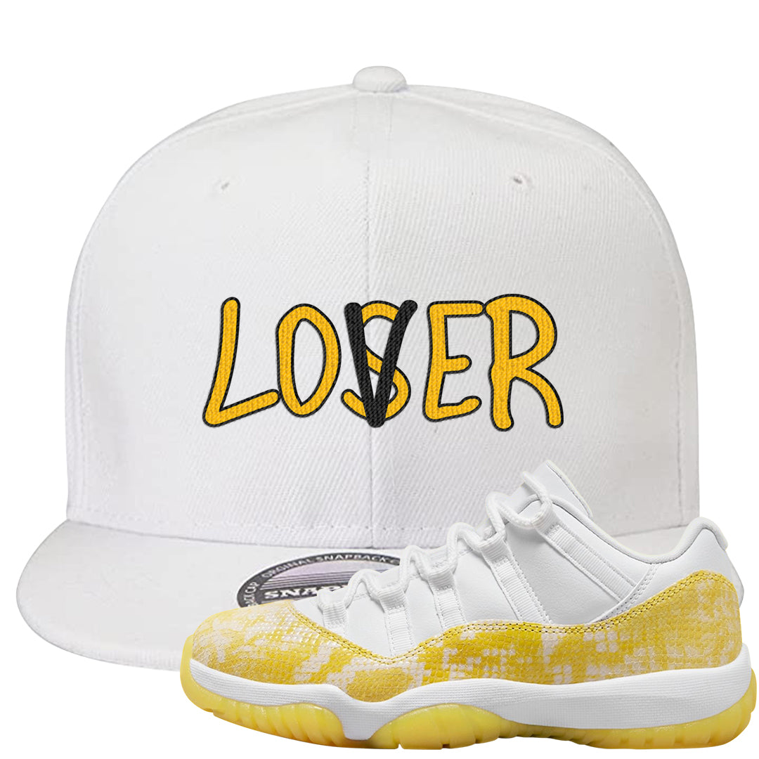 Yellow Snakeskin Low 11s Snapback Hat | Lover, White