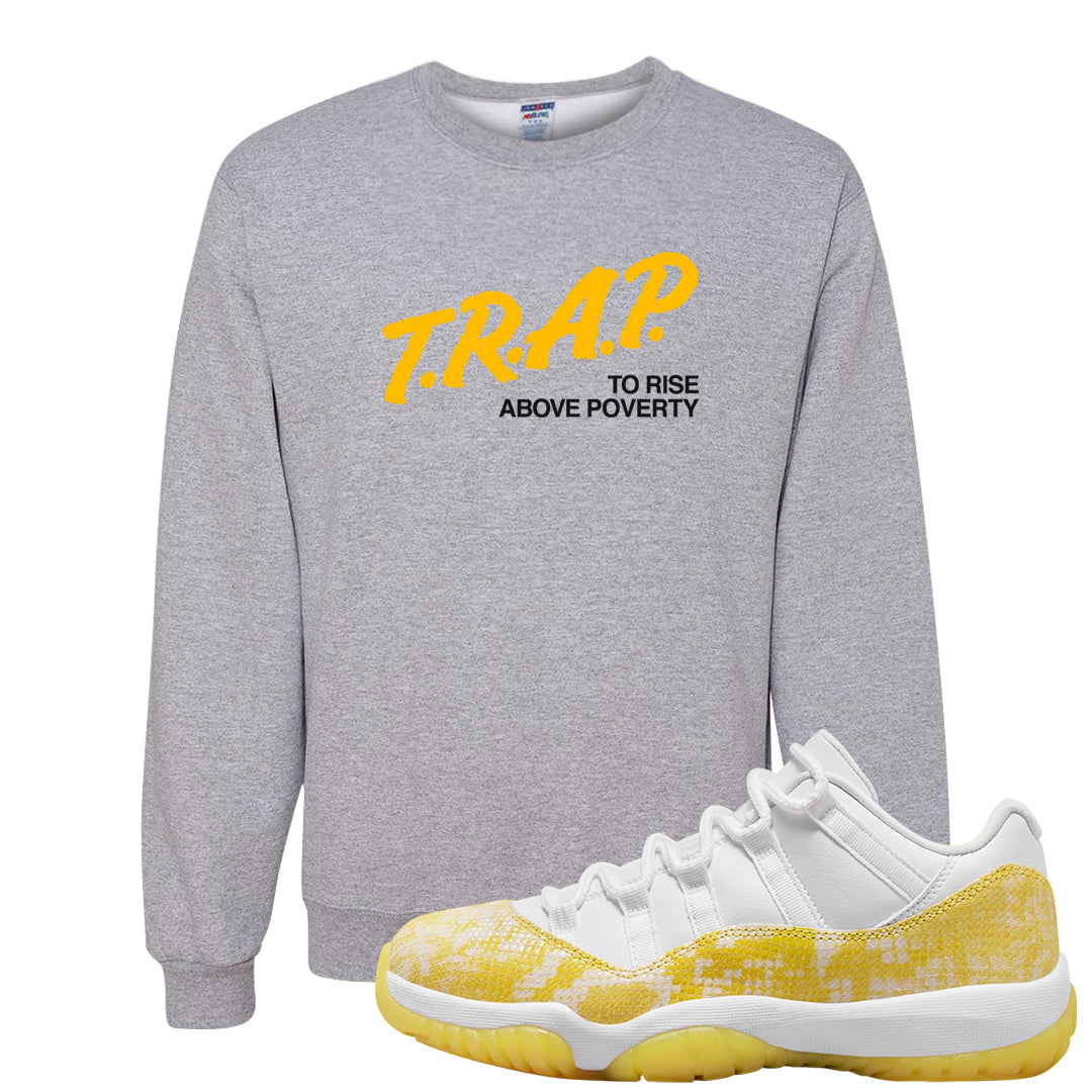 Yellow Snakeskin Low 11s Crewneck Sweatshirt | Trap To Rise Above Poverty, Ash