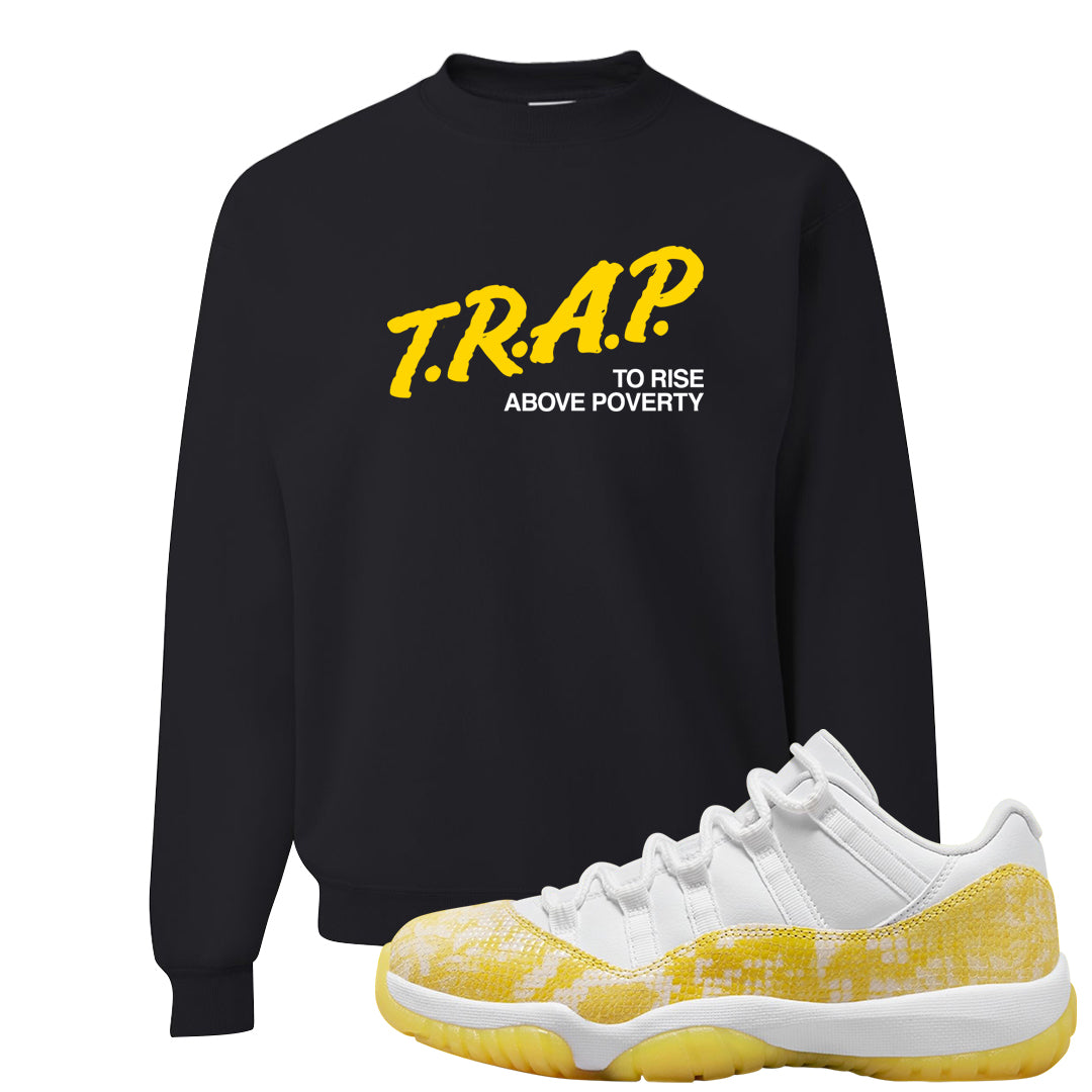 Yellow Snakeskin Low 11s Crewneck Sweatshirt | Trap To Rise Above Poverty, Black