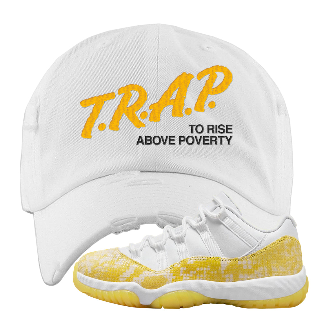 Yellow Snakeskin Low 11s Distressed Dad Hat | Trap To Rise Above Poverty, White