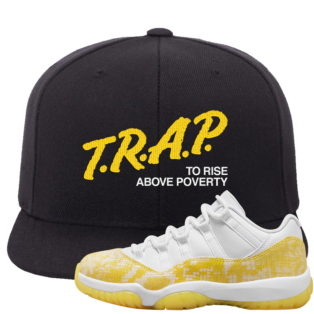 Yellow Snakeskin Low 11s Snapback Hat | Trap To Rise Above Poverty, Black