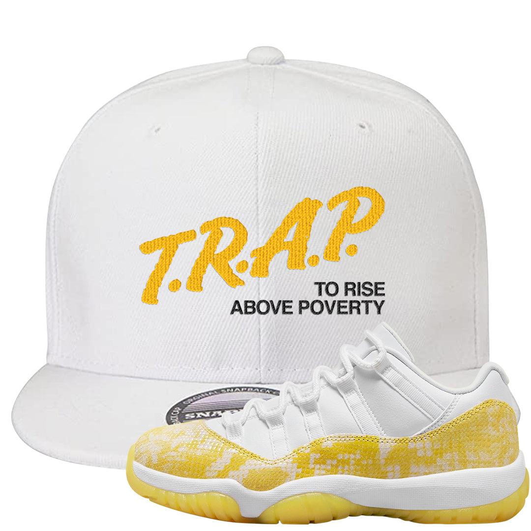 Yellow Snakeskin Low 11s Snapback Hat | Trap To Rise Above Poverty, White