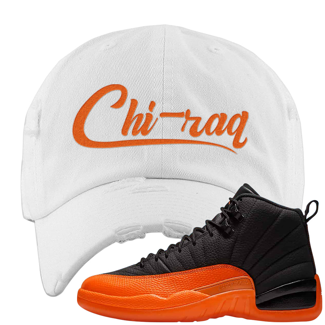 Brilliant Orange 12s Distressed Dad Hat | Chiraq, White