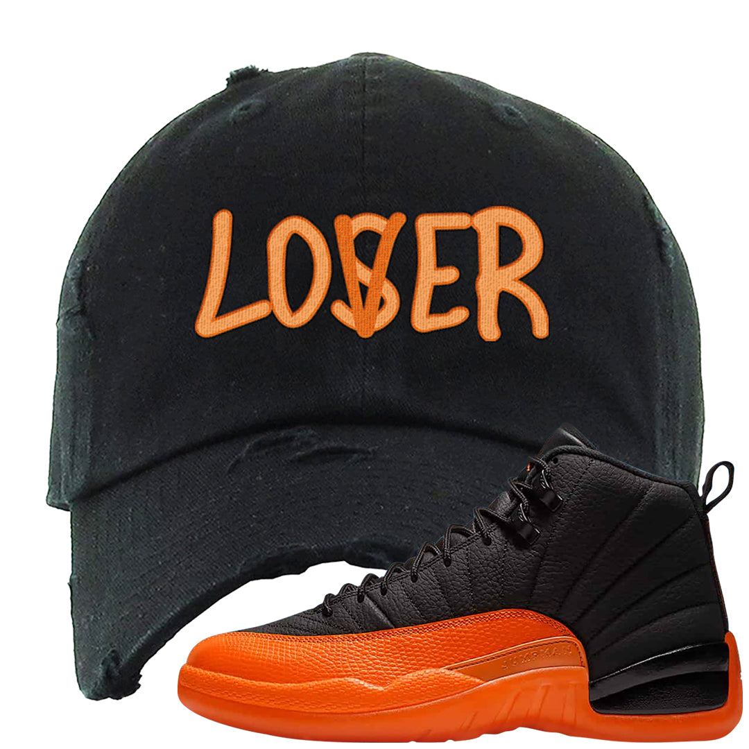 Brilliant Orange 12s Distressed Dad Hat | Lover, Black