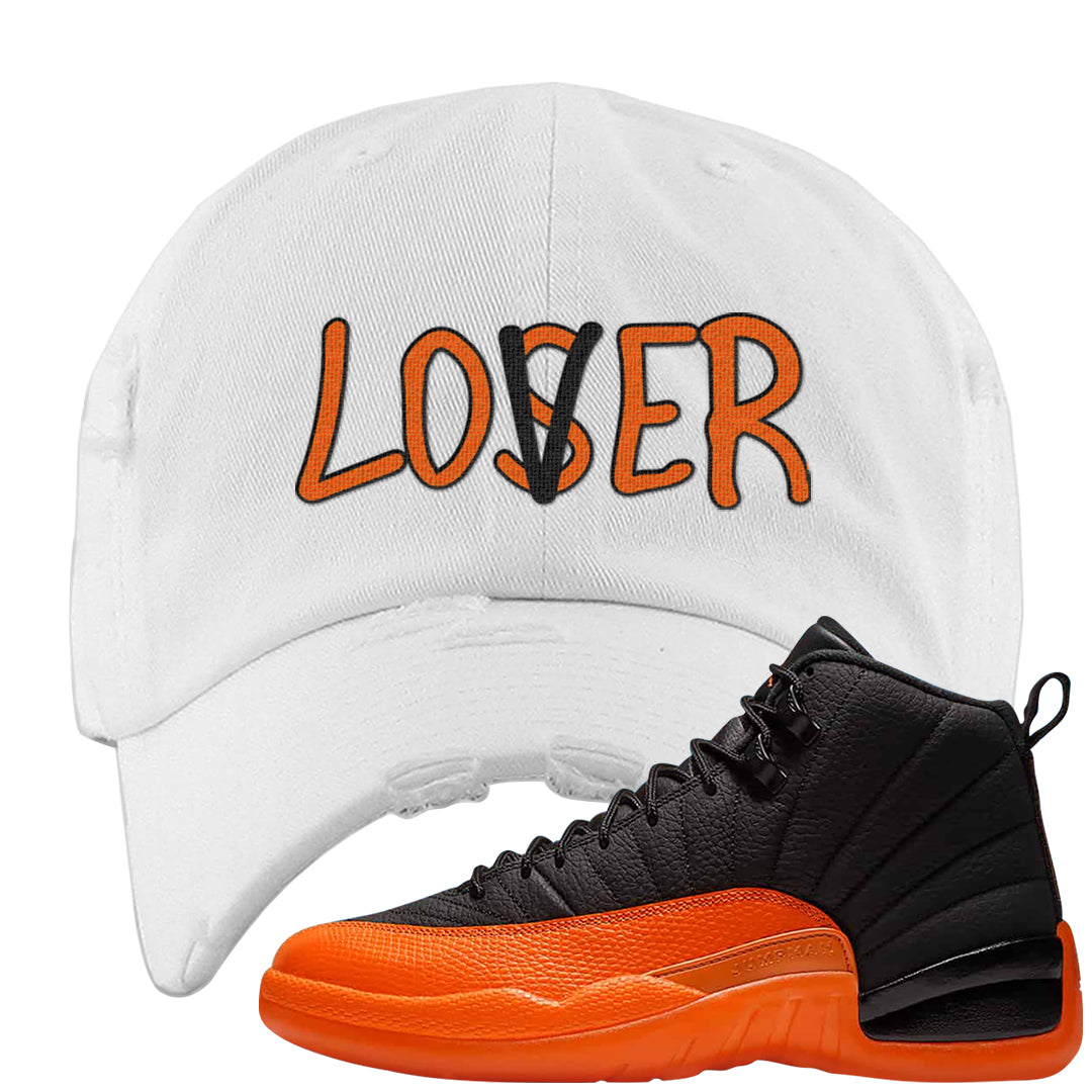 Brilliant Orange 12s Distressed Dad Hat | Lover, White