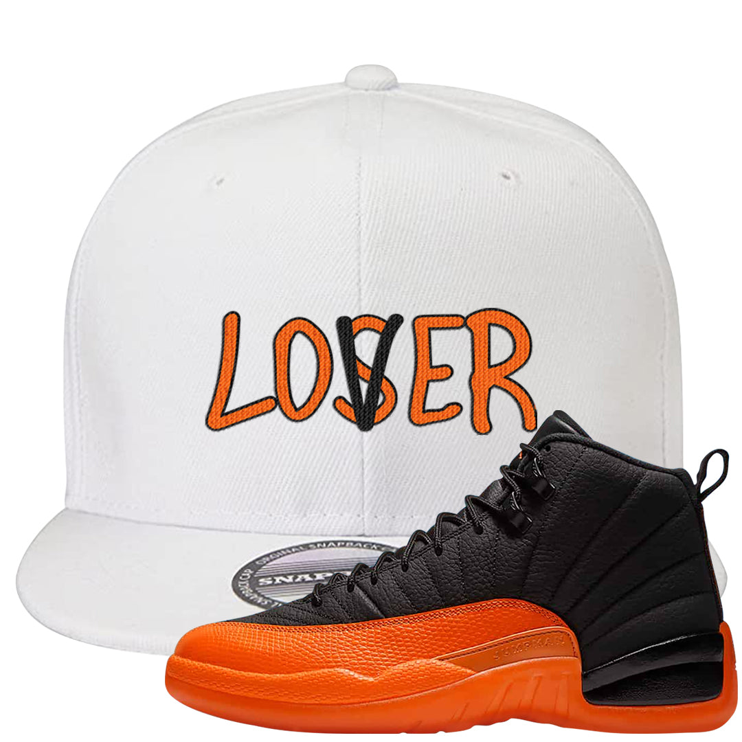 Brilliant Orange 12s Snapback Hat | Lover, White