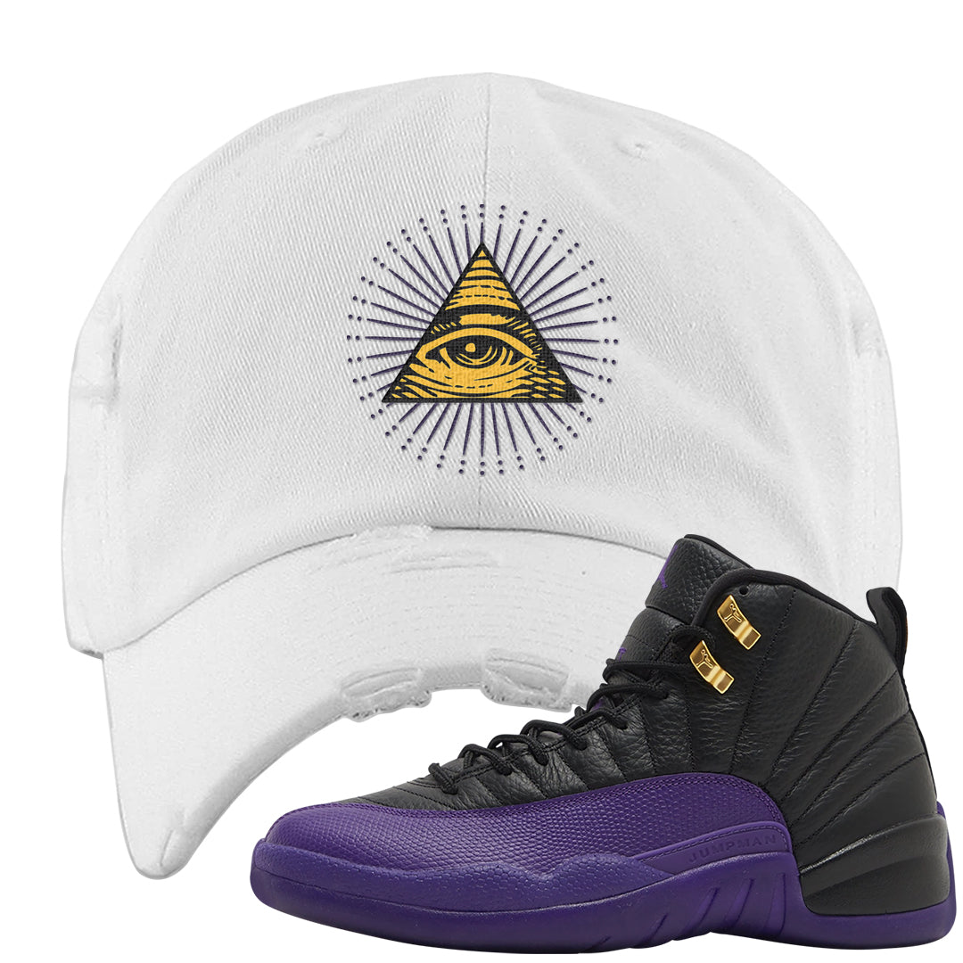 Field Purple 12s Distressed Dad Hat | All Seeing Eye, White