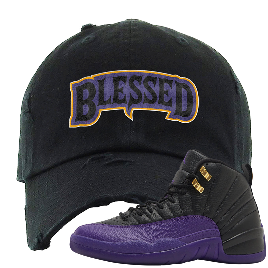 Field Purple 12s Distressed Dad Hat | Blessed Arch, Black