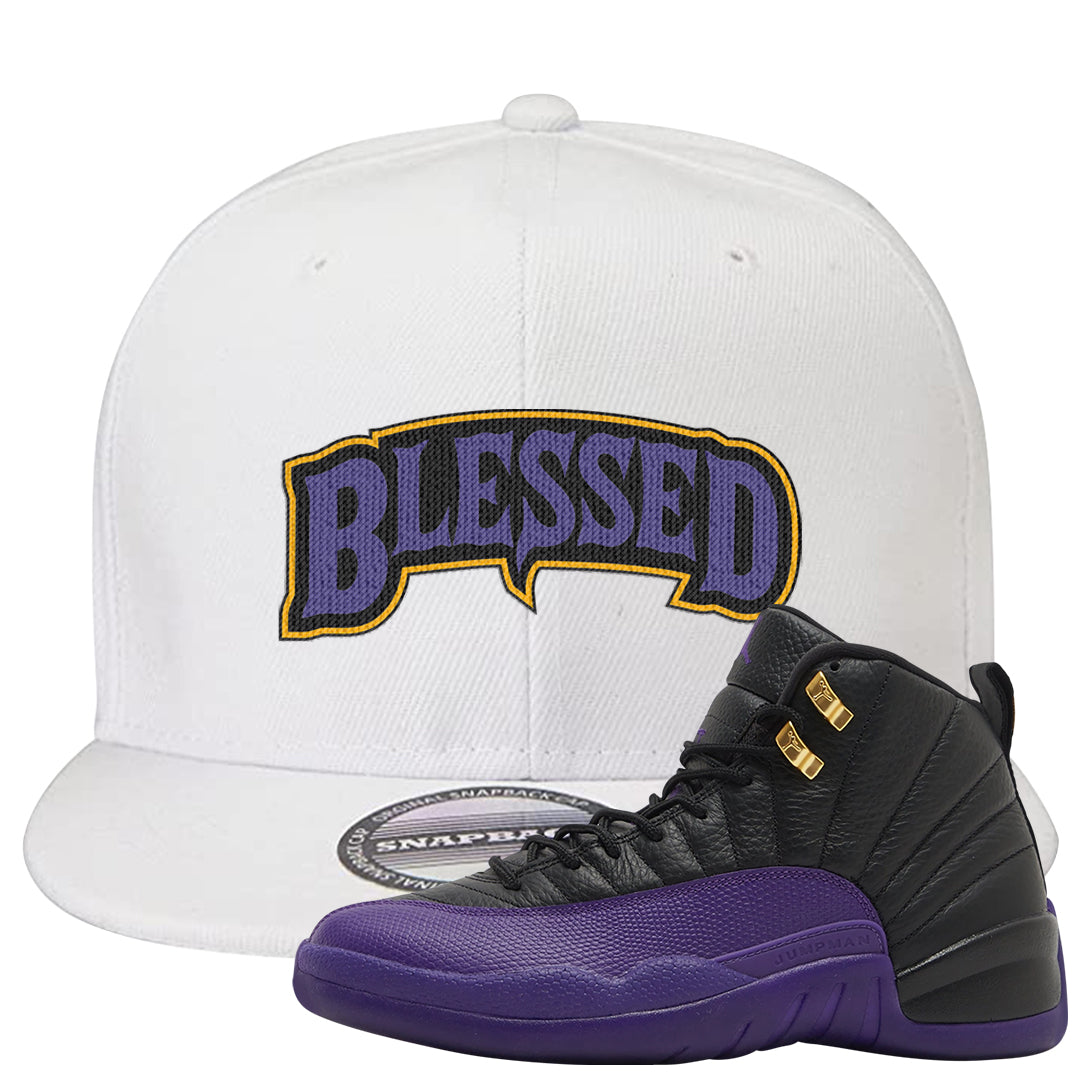 Field Purple 12s Snapback Hat | Blessed Arch, White