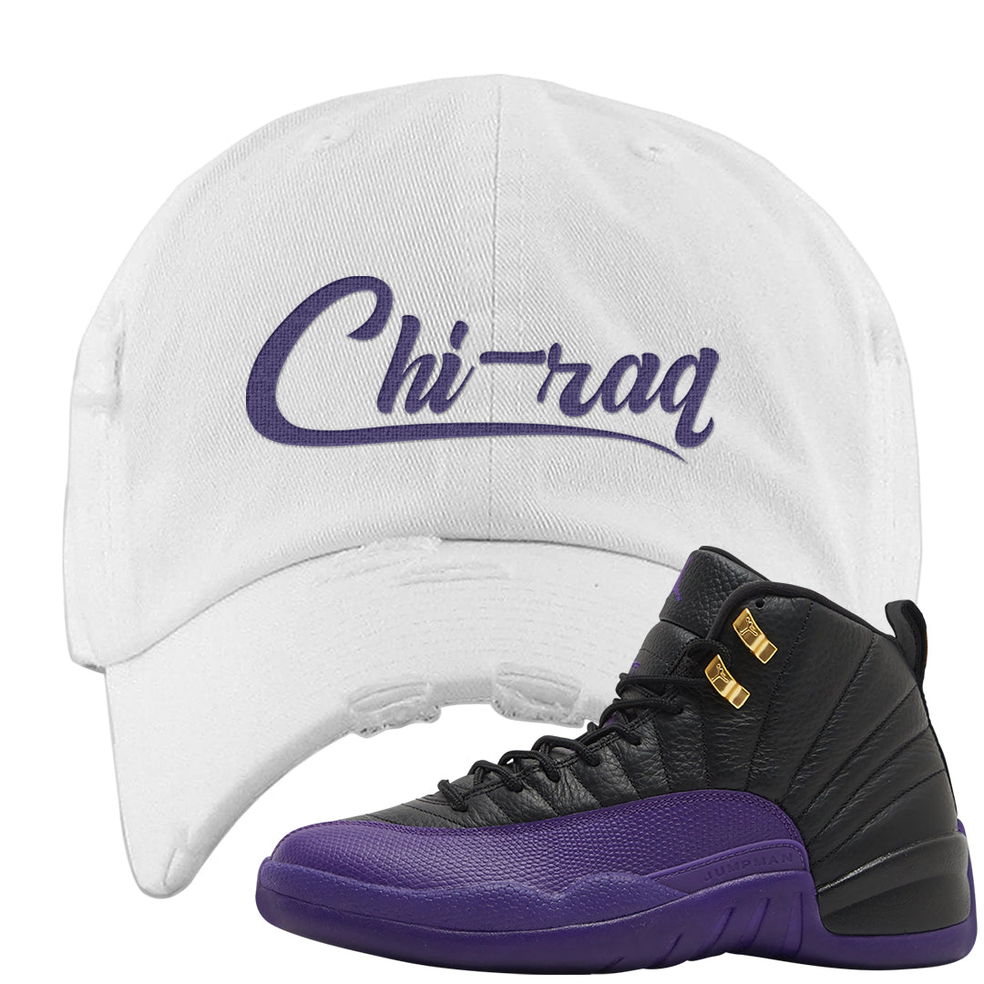 Field Purple 12s Distressed Dad Hat | Chiraq, White