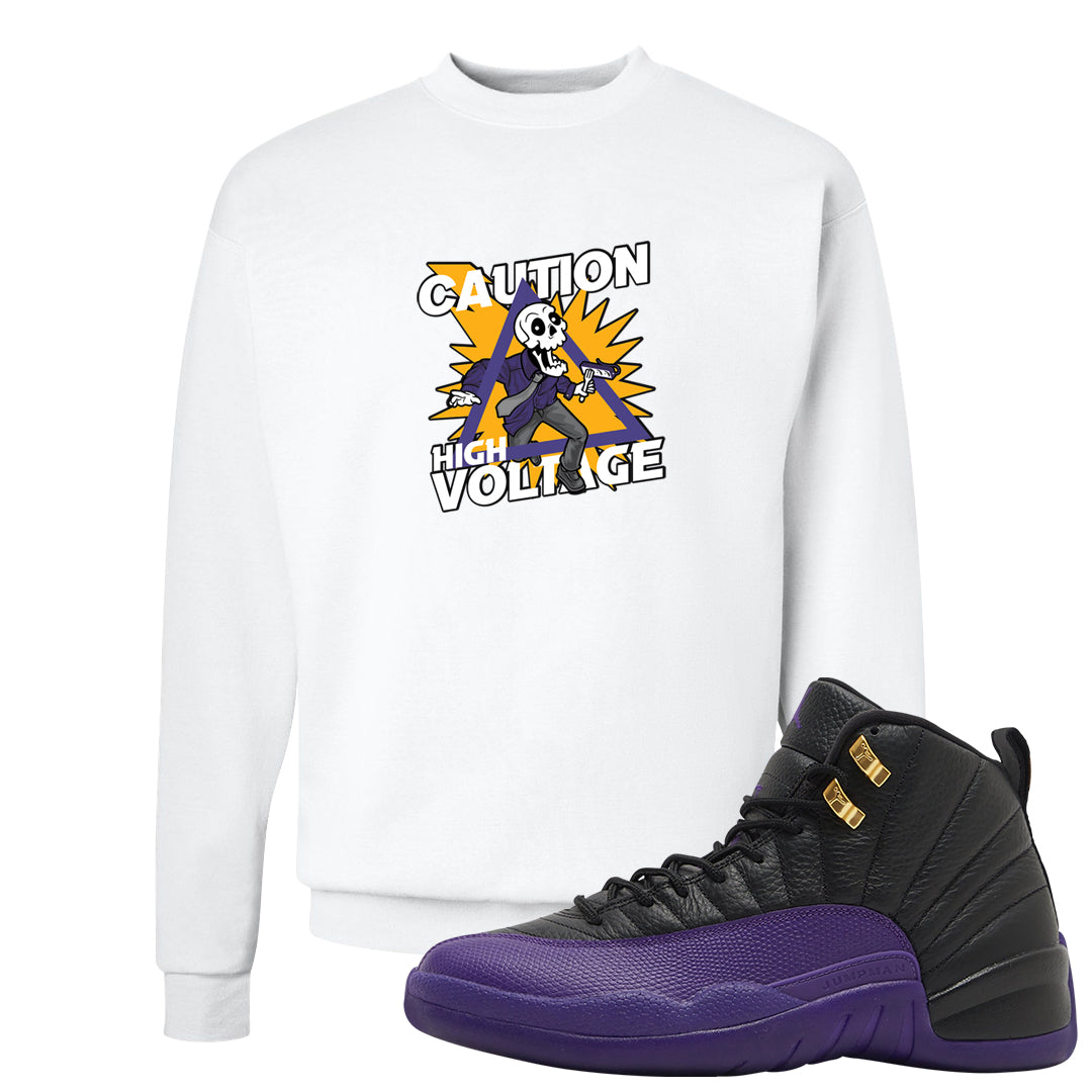 Field Purple 12s Crewneck Sweatshirt | Caution High Voltage, White