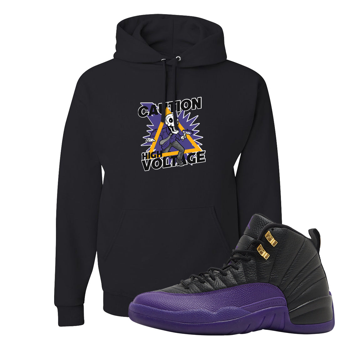 Field Purple 12s Hoodie | Caution High Voltage, Black