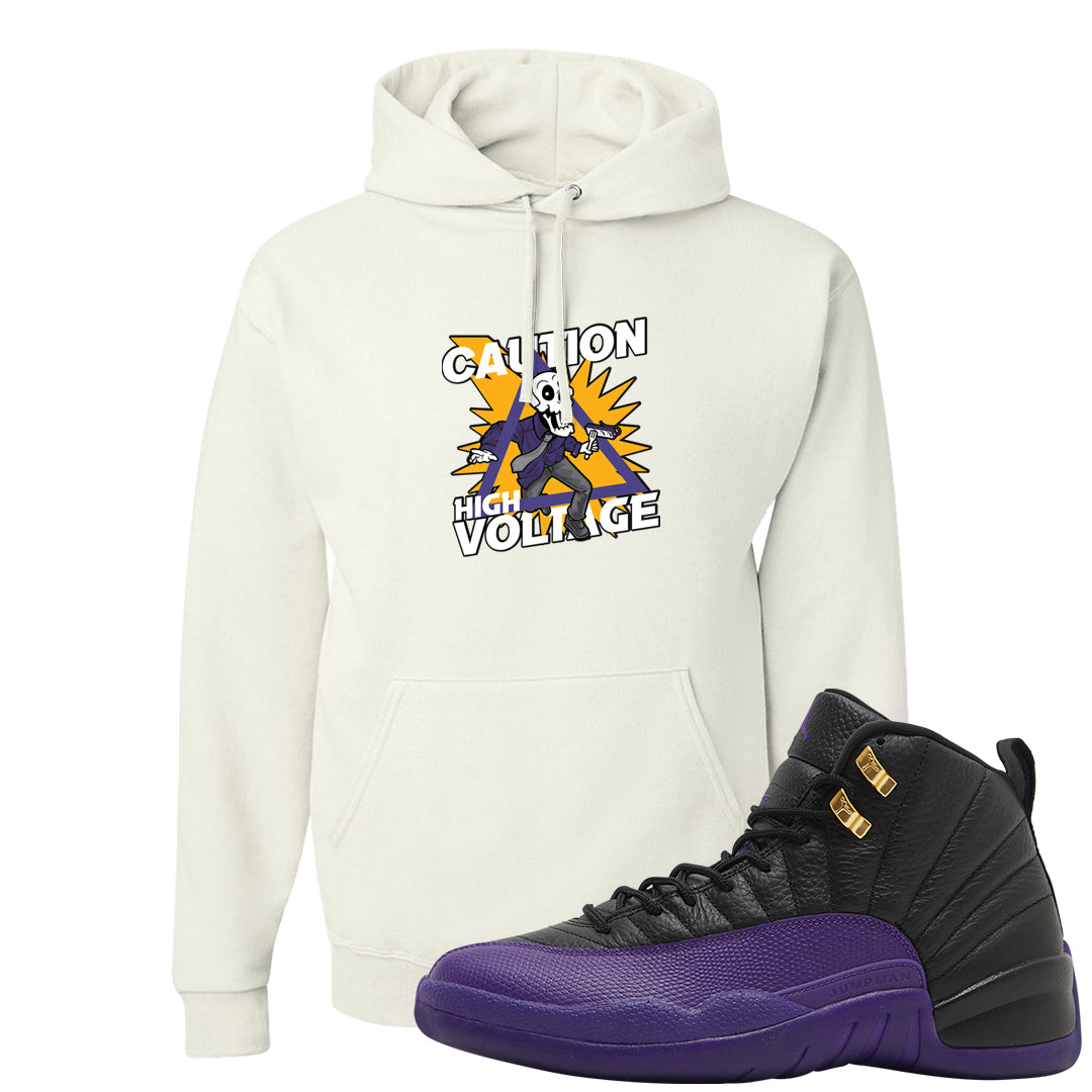 Field Purple 12s Hoodie | Caution High Voltage, White