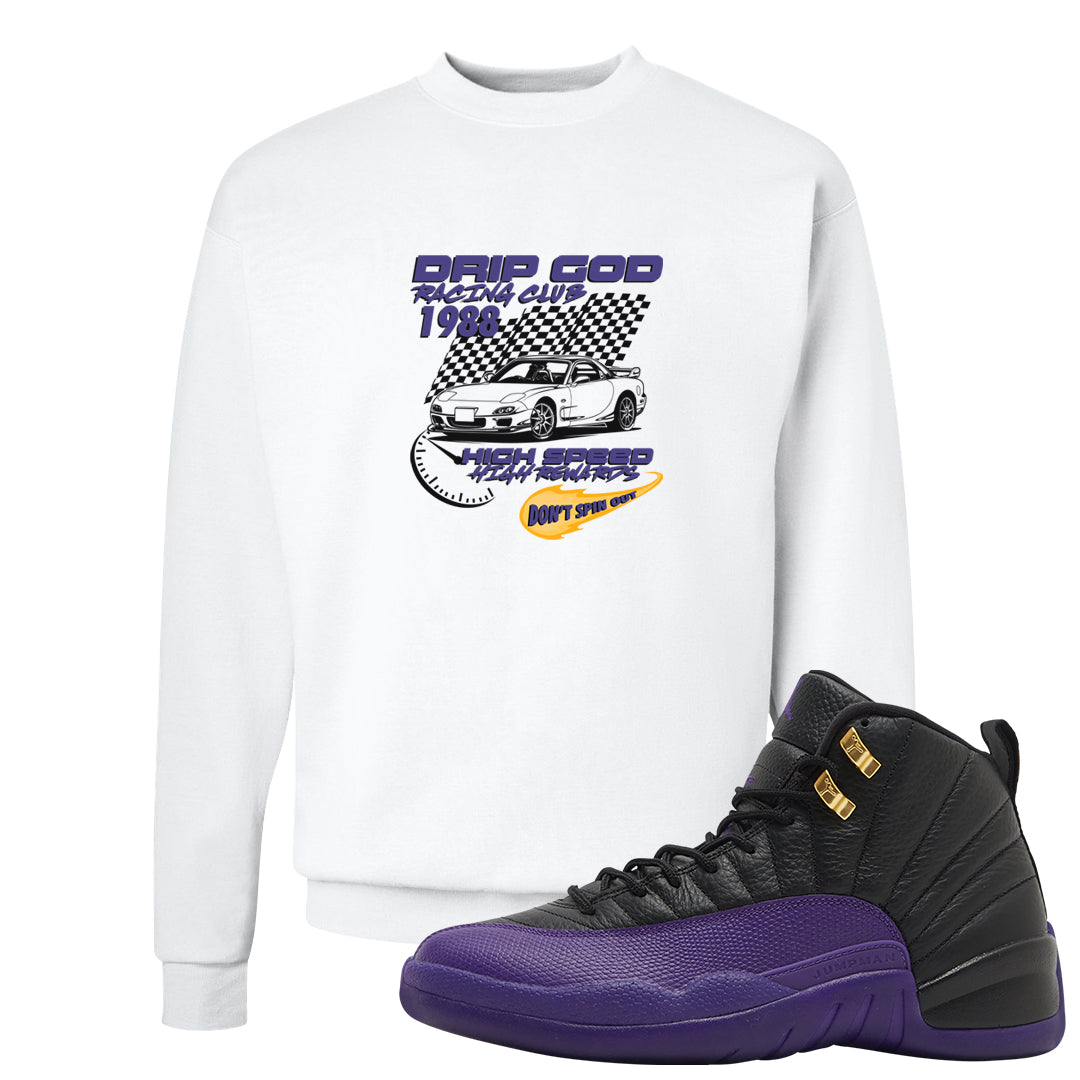 Field Purple 12s Crewneck Sweatshirt | Drip God Racing Club, White