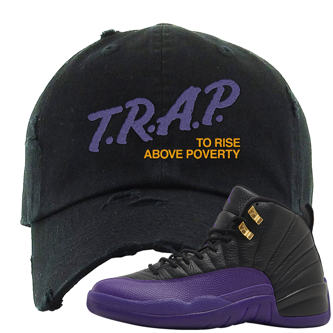 Field Purple 12s Distressed Dad Hat | Trap To Rise Above Poverty, Black