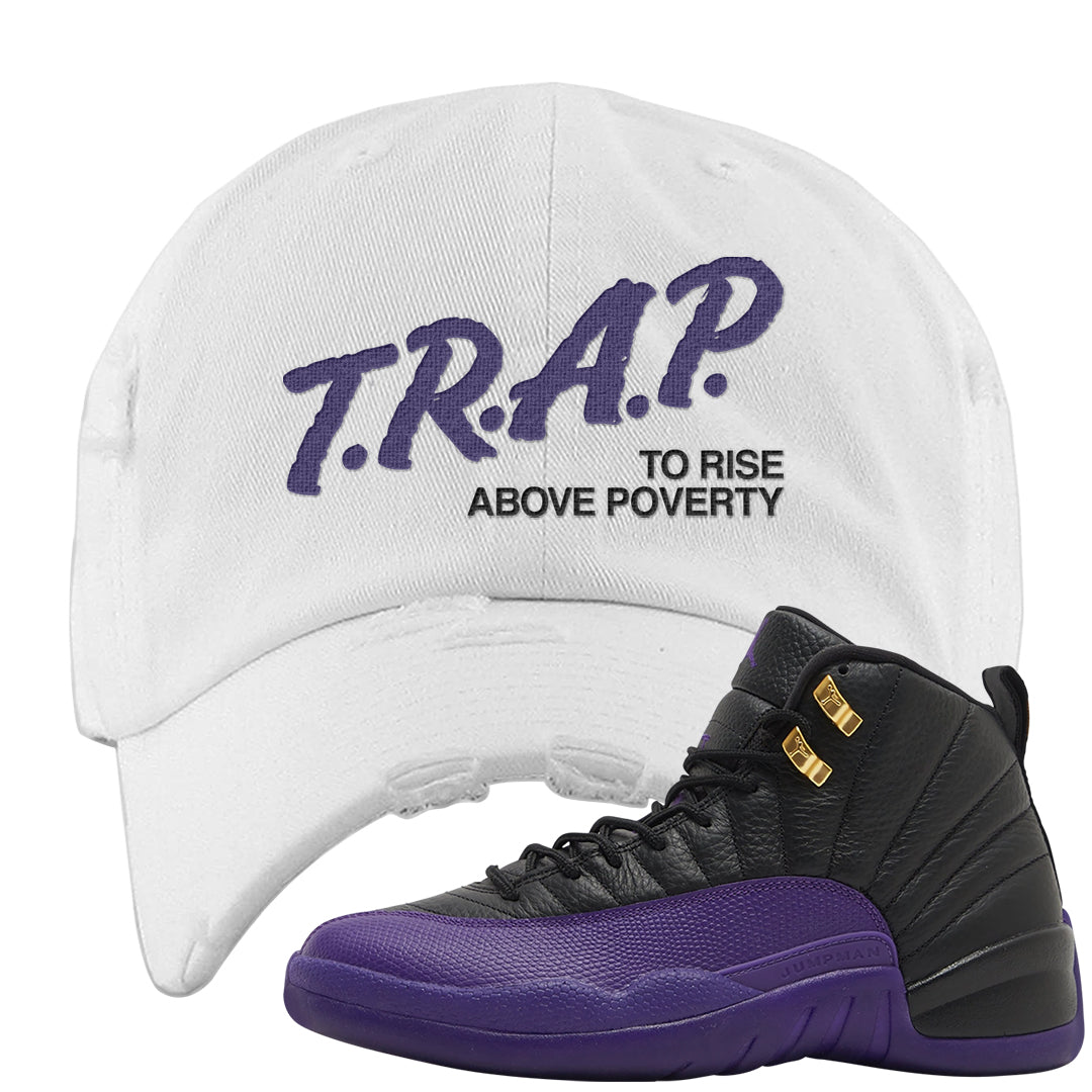 Field Purple 12s Distressed Dad Hat | Trap To Rise Above Poverty, White