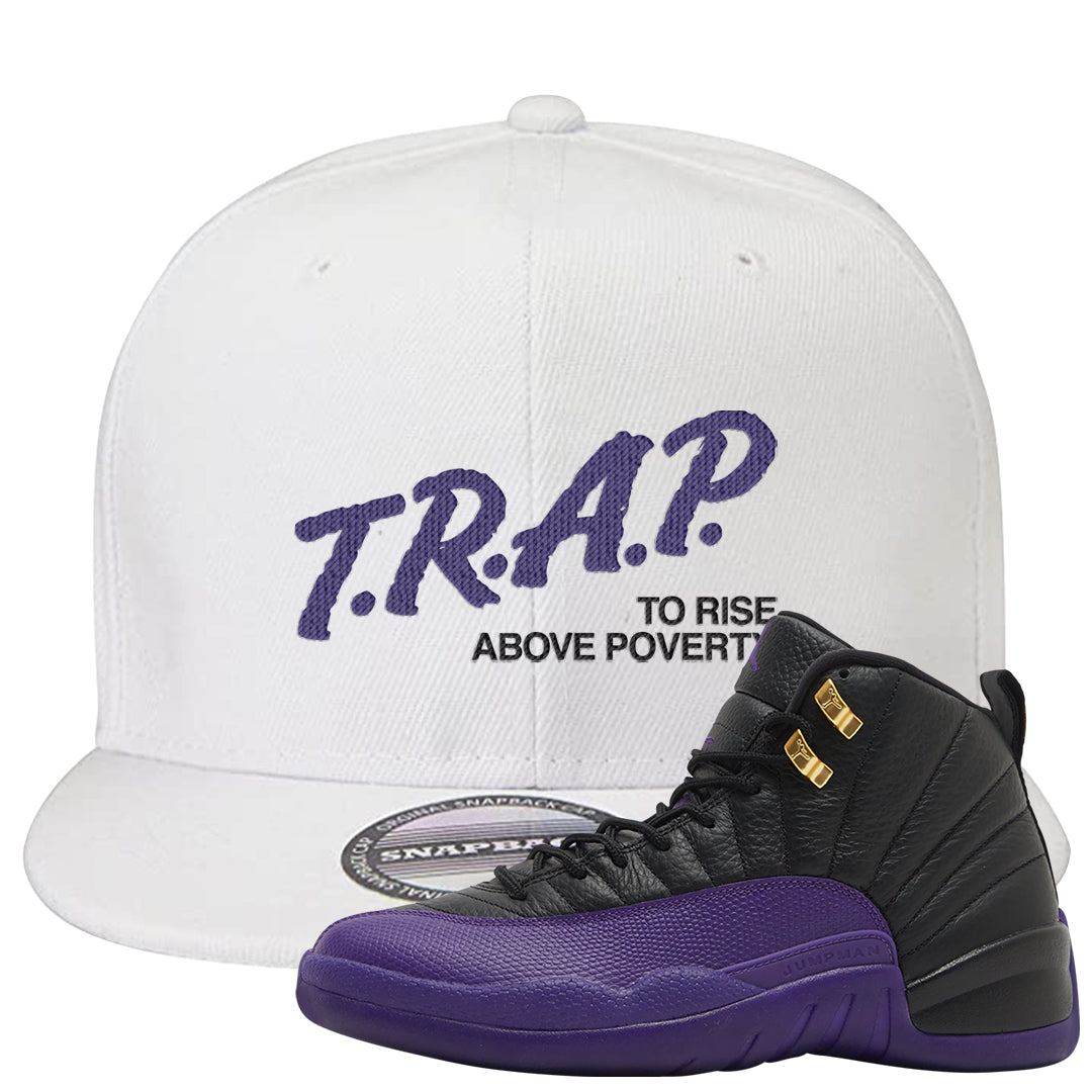 Field Purple 12s Snapback Hat | Trap To Rise Above Poverty, White