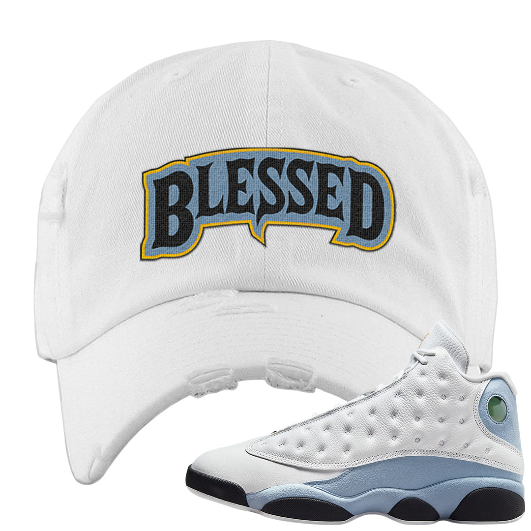 Blue Grey 13s Distressed Dad Hat | Blessed Arch, White
