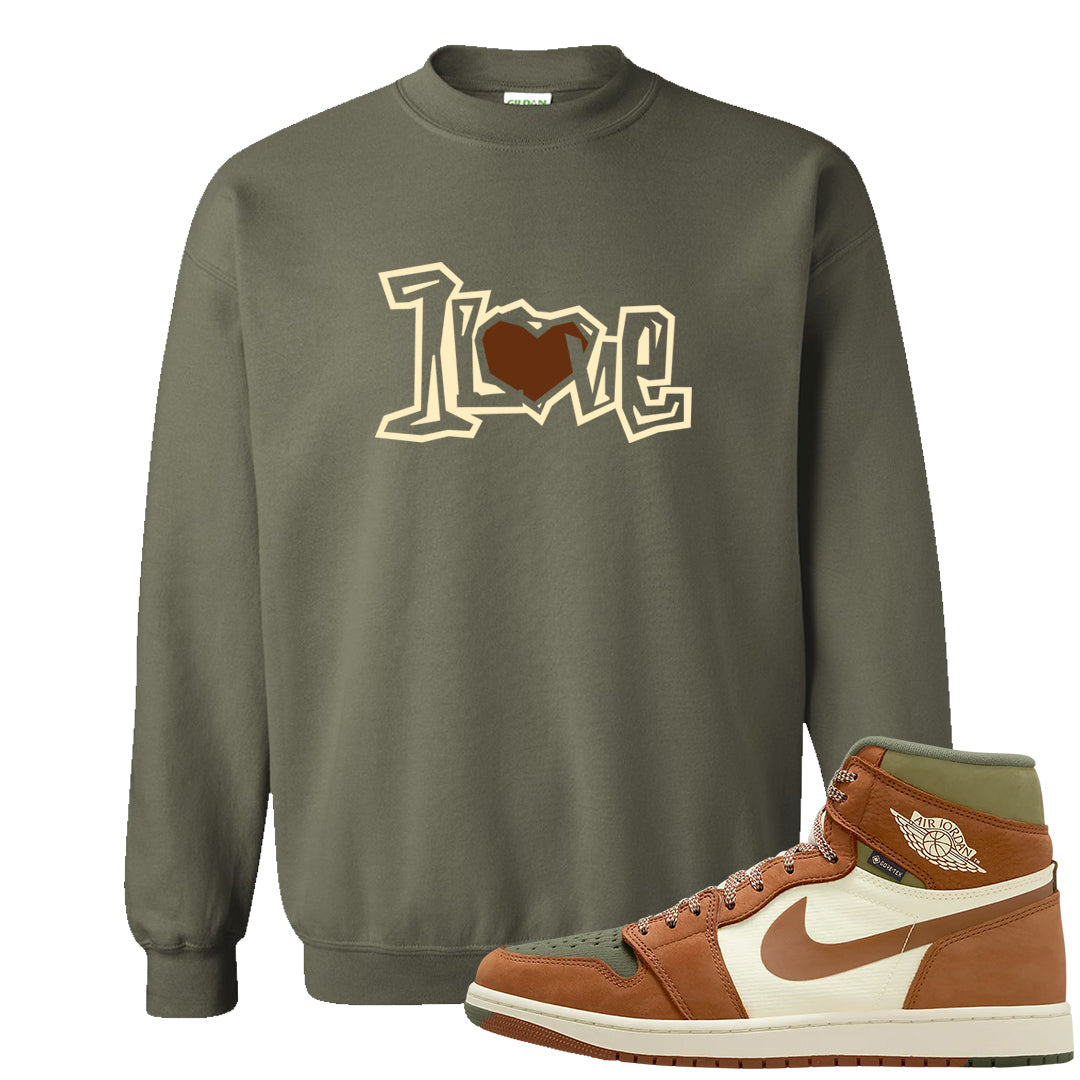 Brown Olive 1s Crewneck Sweatshirt | 1 Love, Military Green