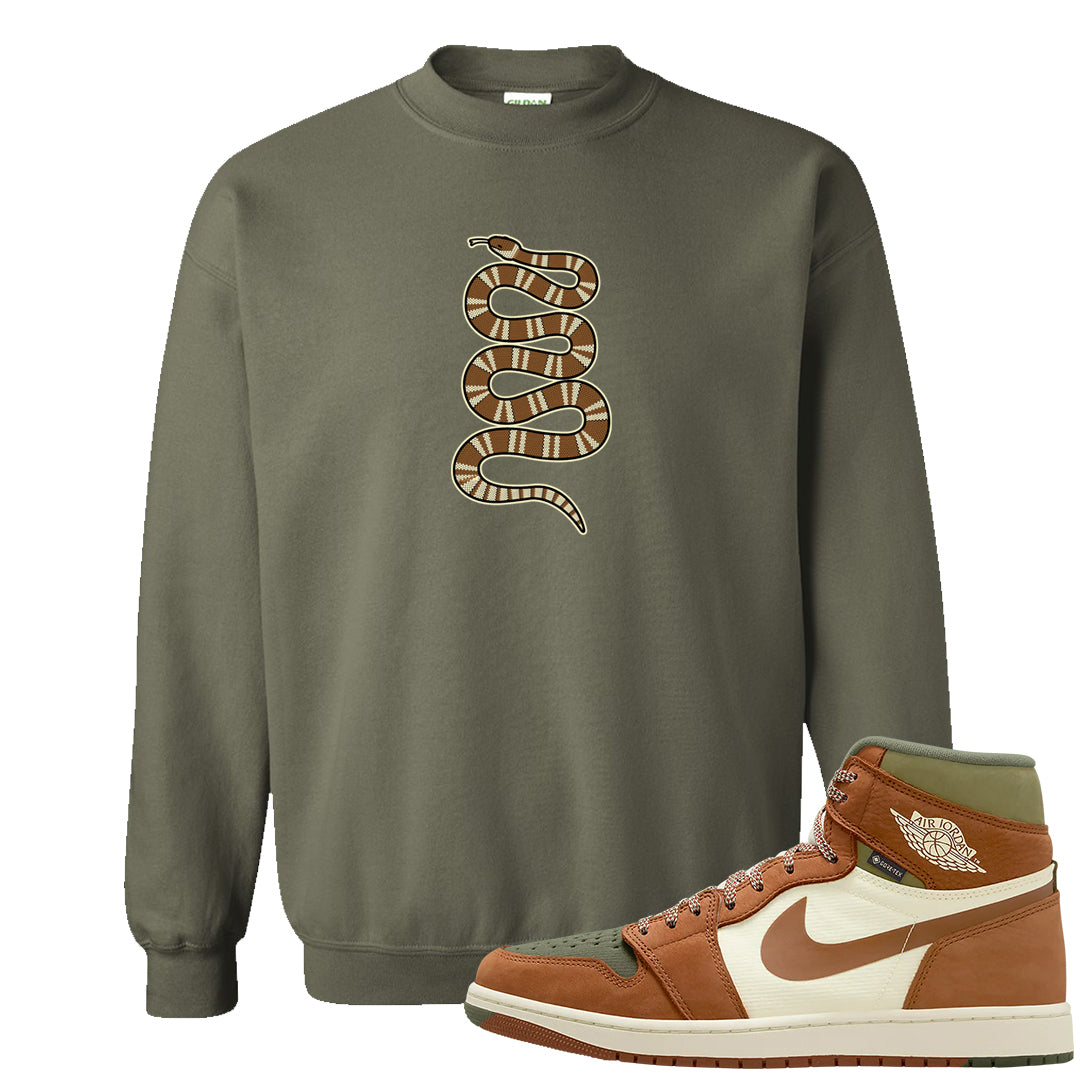 Brown Olive 1s Crewneck Sweatshirt | Coiled Snake, Military Green