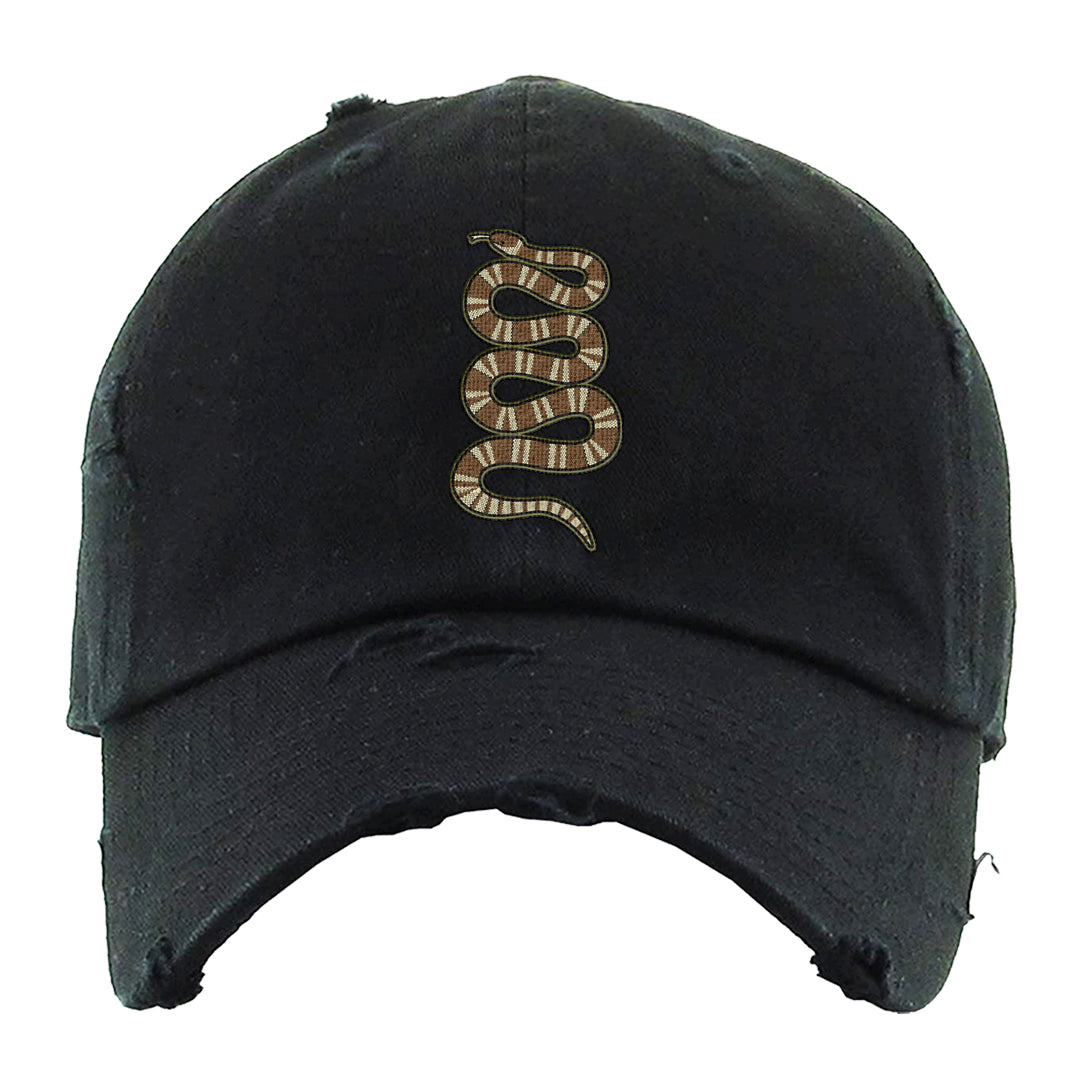 Brown Olive 1s Distressed Dad Hat | Coiled Snake, Black