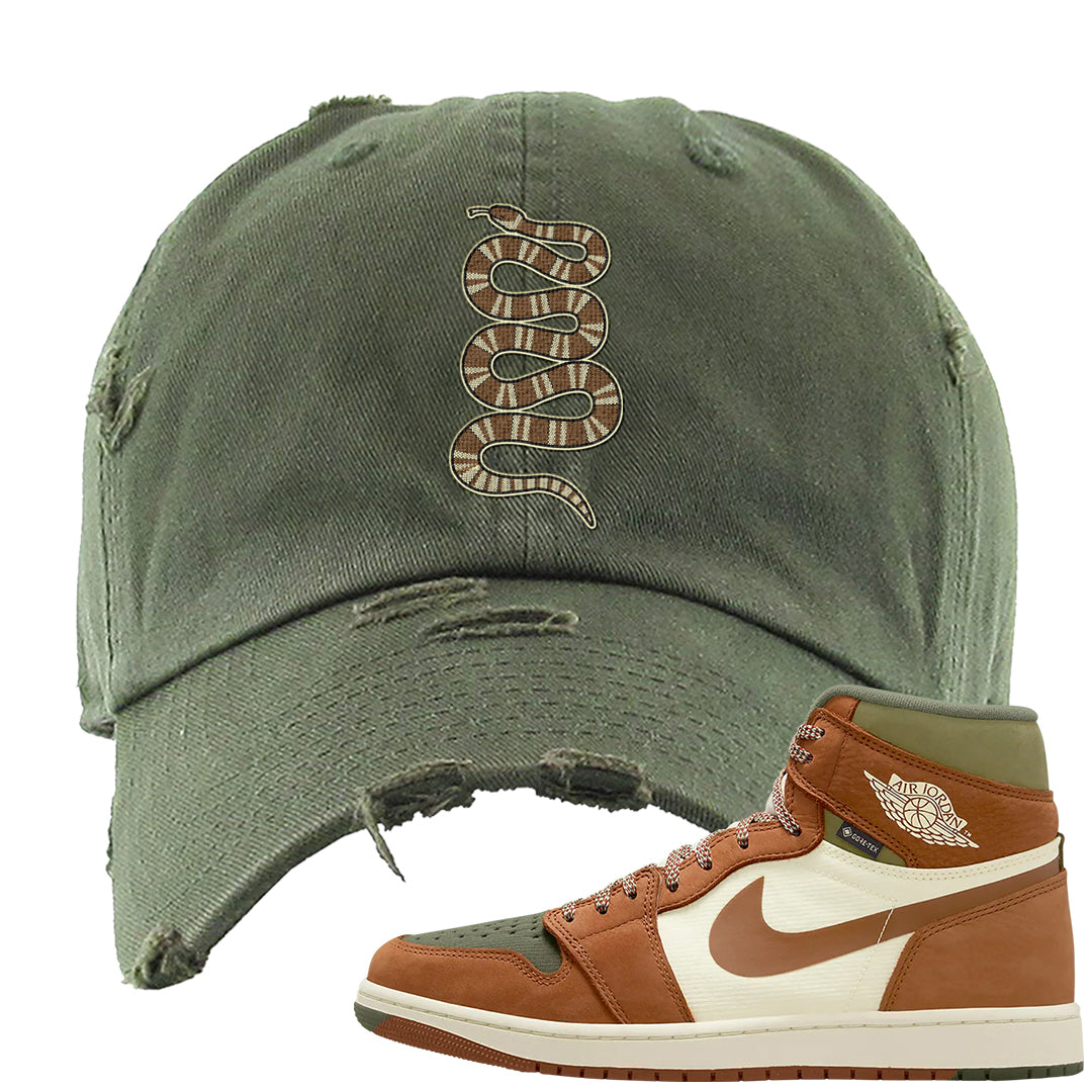 Brown Olive 1s Distressed Dad Hat | Coiled Snake, Olive