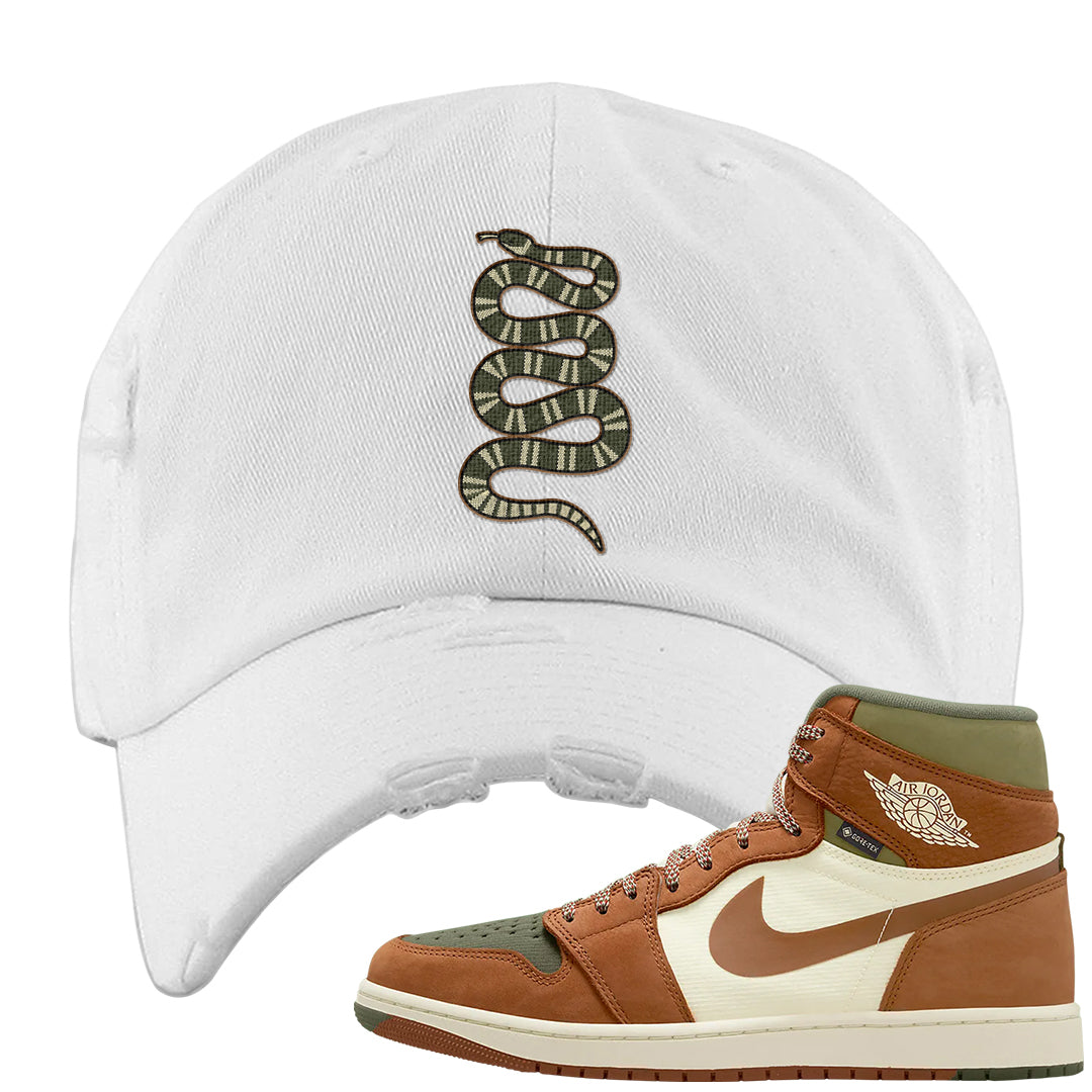 Brown Olive 1s Distressed Dad Hat | Coiled Snake, White