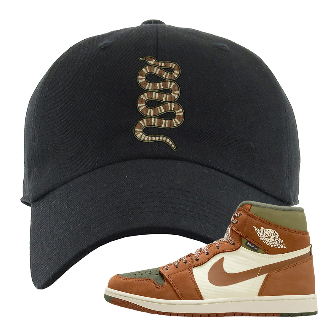 Brown Olive 1s Dad Hat | Coiled Snake, Black
