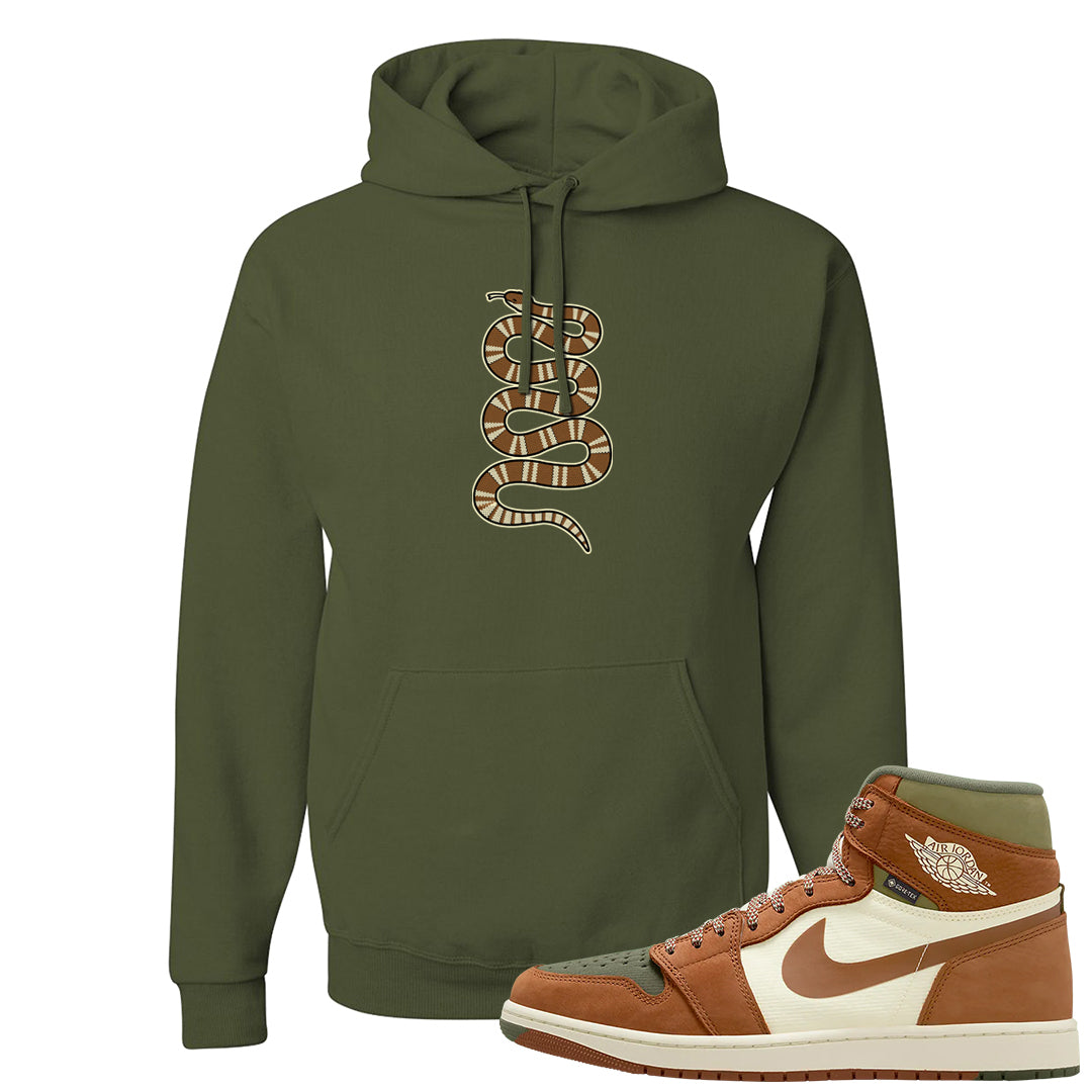 Brown Olive 1s Hoodie | Coiled Snake, Military Green