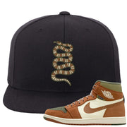 Brown Olive 1s Snapback Hat | Coiled Snake, Black