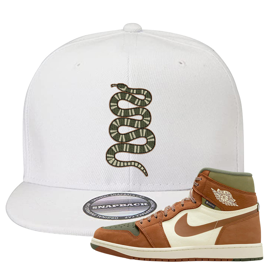 Brown Olive 1s Snapback Hat | Coiled Snake, White