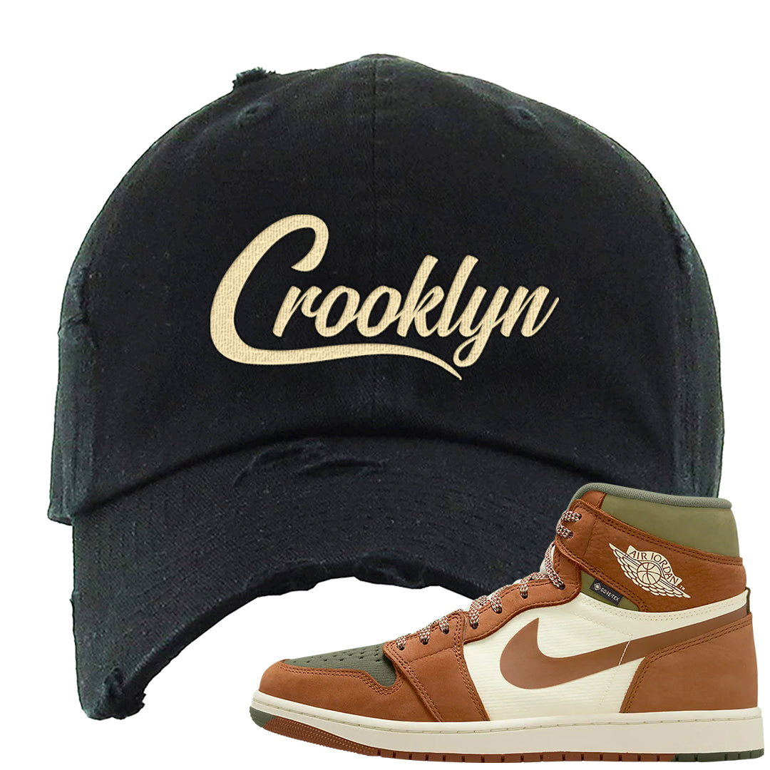 Brown Olive 1s Distressed Dad Hat | Crooklyn, Black