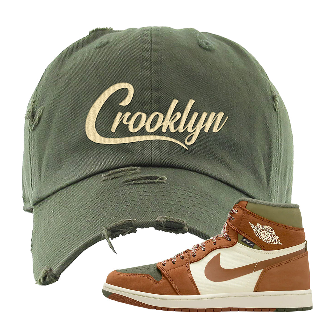 Brown Olive 1s Distressed Dad Hat | Crooklyn, Olive