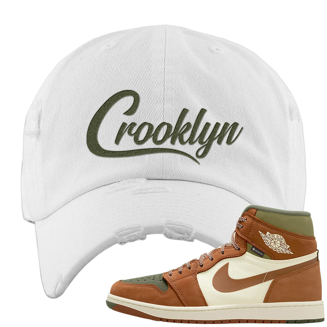 Brown Olive 1s Distressed Dad Hat | Crooklyn, White