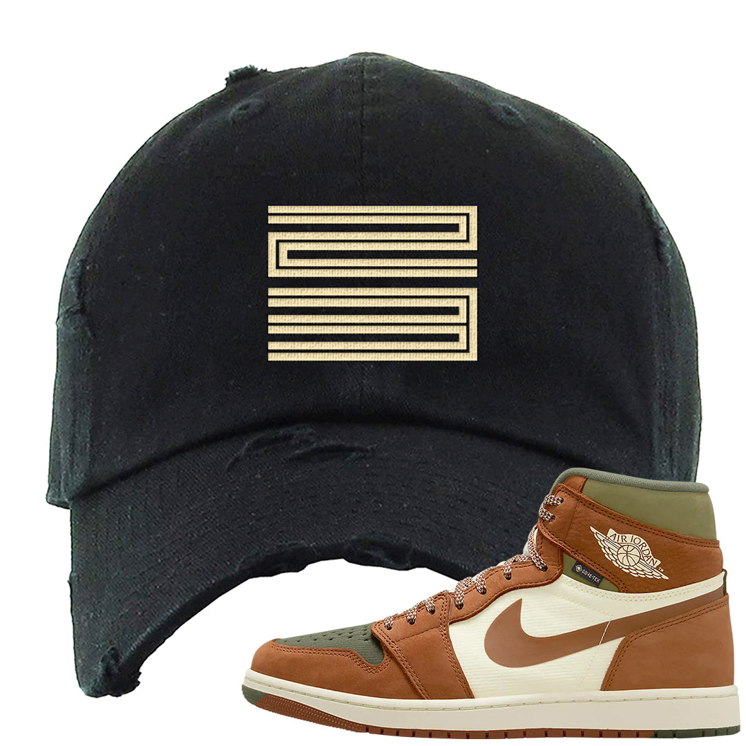 Brown Olive 1s Distressed Dad Hat | Double Line 23, Black