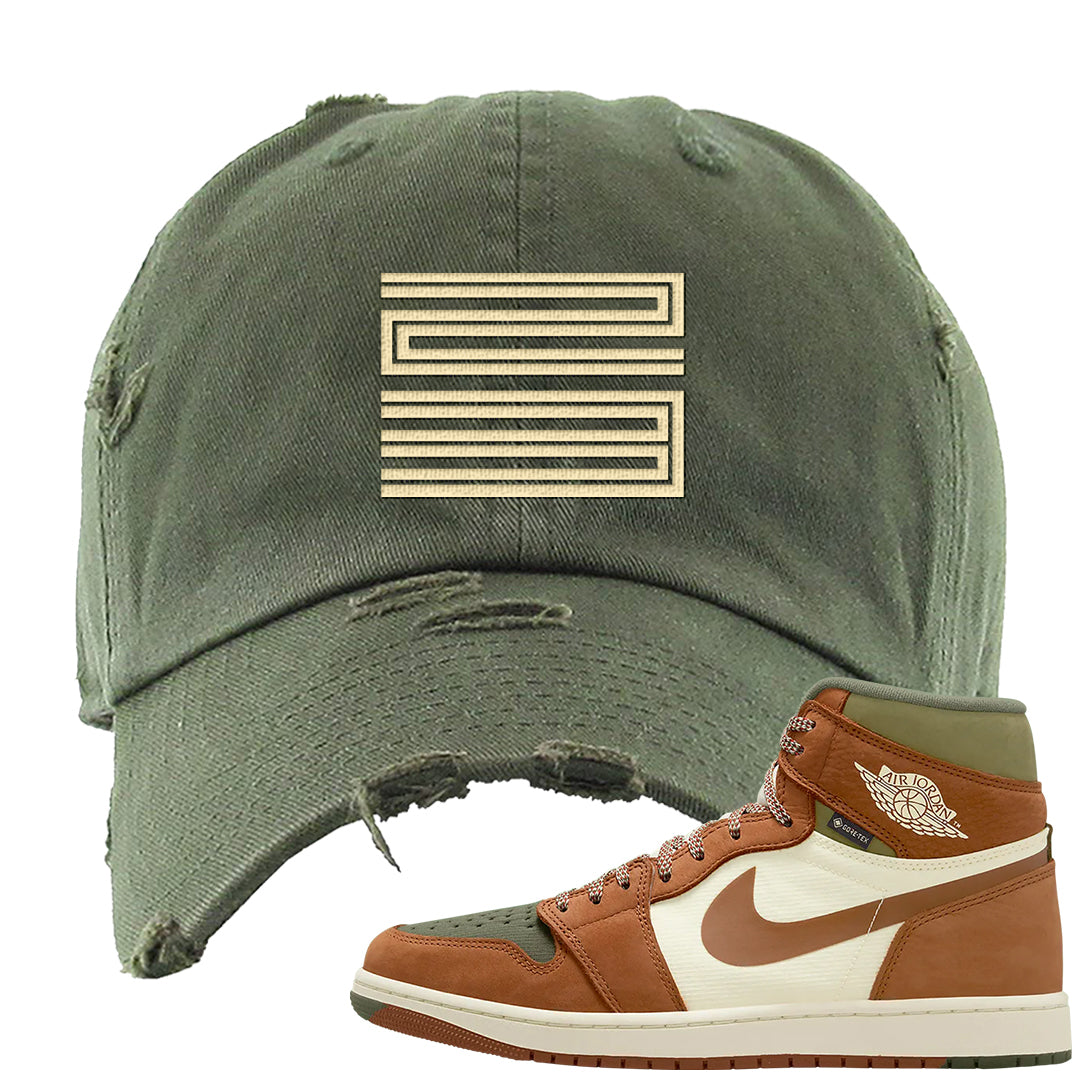 Brown Olive 1s Distressed Dad Hat | Double Line 23, Olive