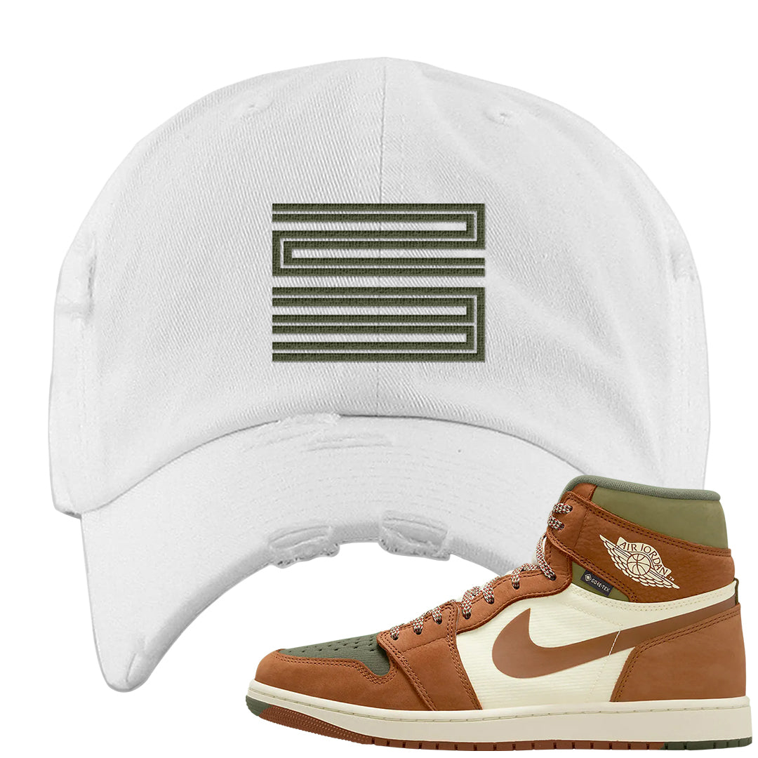 Brown Olive 1s Distressed Dad Hat | Double Line 23, White