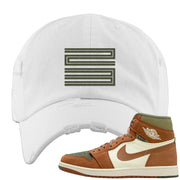 Brown Olive 1s Distressed Dad Hat | Double Line 23, White