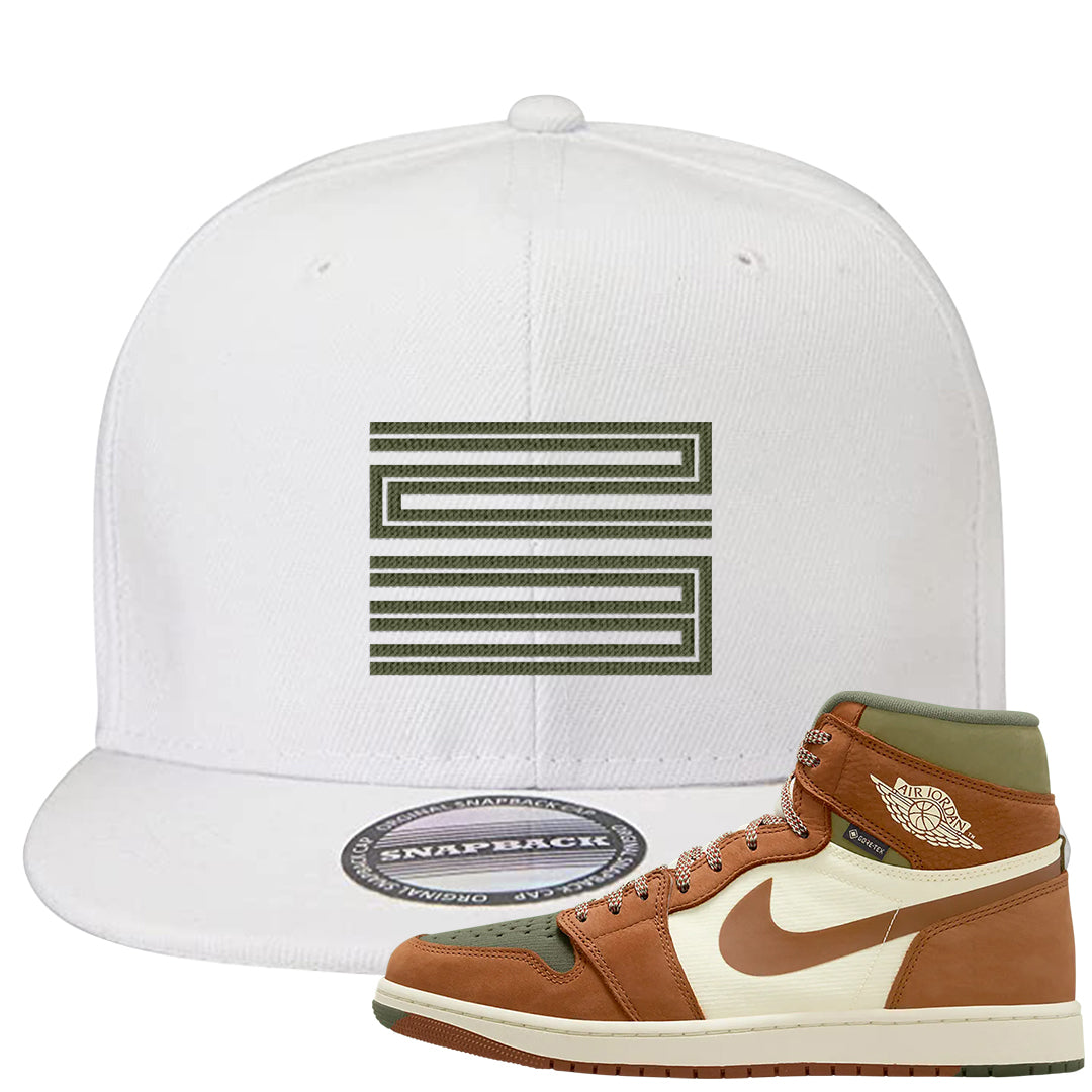 Brown Olive 1s Snapback Hat | Double Line 23, White