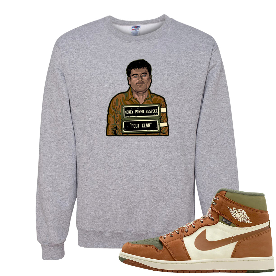 Brown Olive 1s Crewneck Sweatshirt | El Chapo Illustration, Ash