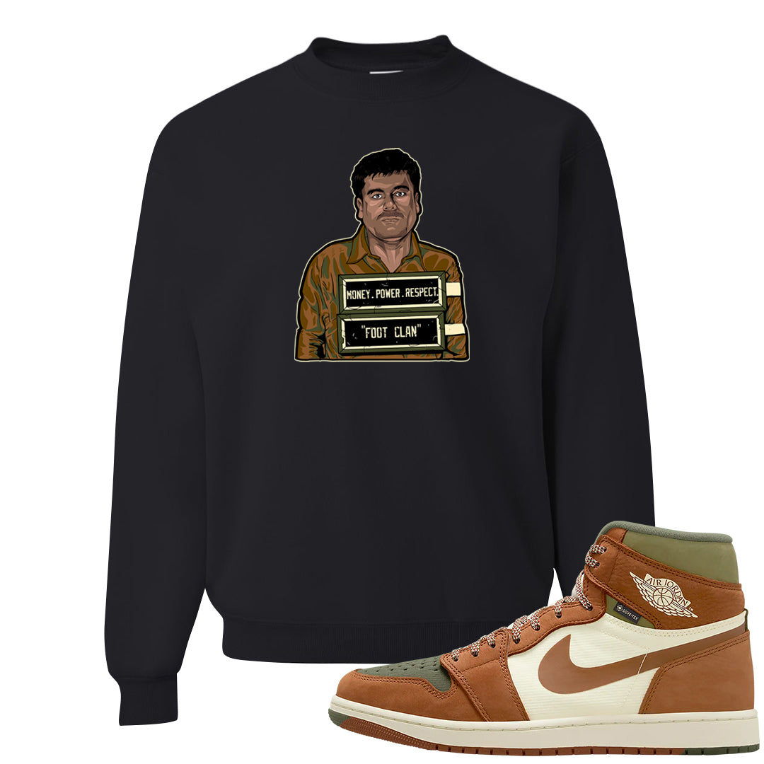 Brown Olive 1s Crewneck Sweatshirt | El Chapo Illustration, Black