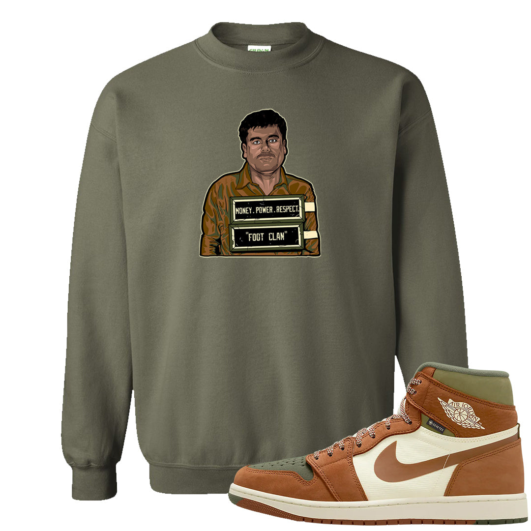 Brown Olive 1s Crewneck Sweatshirt | El Chapo Illustration, Military Green